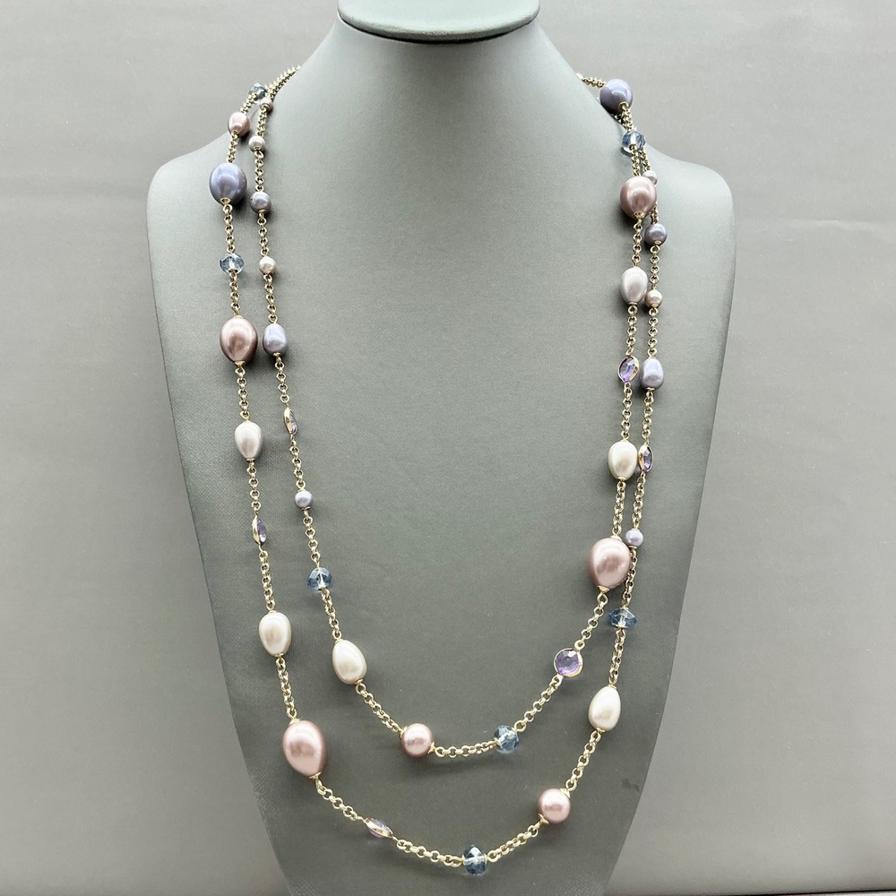 Monet Long Faux Pearl Crystal Station Necklace Women Gold Multi Pastel Beads